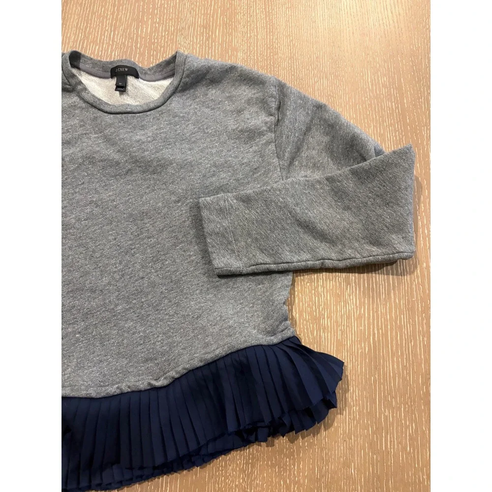 J.Crew Gray French Terry Sweatshirt Women's M Blue Pleated Ruffle Hem Top